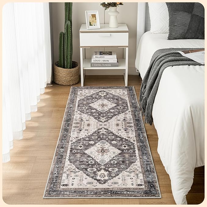 Istana Hallway Runner Rug 2x8 – Dark Grey Blue/Rose Mauve Entryway Rug -Silk's Soft Touch Runners for Hallways - Stylish Kitchen Runner Rug Non Slip