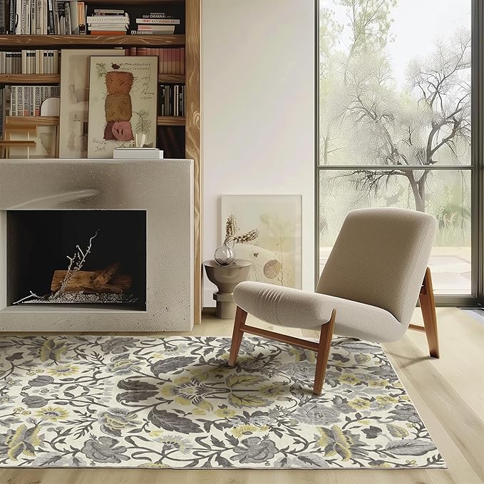 EVERGRACE Area Rugs for Living Room 4x6, Boho Floral Faux Wool Indoor Outdoor Rugs, Washable Rugs for Bedroom Entryway Dining Room Hallyway, Low Pile Floor Mat Carpet for Home Decor, Gray