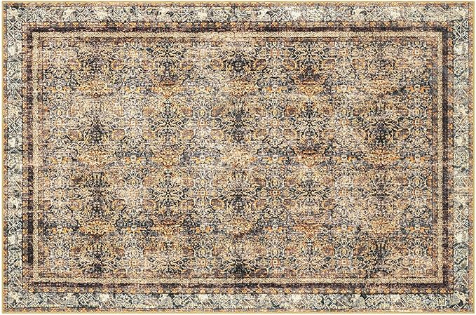 Phantoscope Washable Area Rug 5'x7' Non-Slip, Vintage Neutral Rugs for Living Room, Bedroom, Dining Room, Distressed Boho Floral Medallion Pattern, Low-Pile Foldable Carpet, Brown/Charcoal Spice