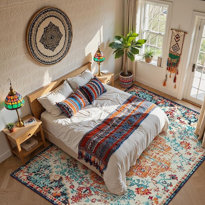 Lahome Area Rugs 9x12 Living Room Rug,Large Boho 9 x 12 Area Rugs for Living Room Washable Bedroom Rug,Boho Vintage Soft Non-Slip Printed Indoor Carpet for Dining Room Home Office(9x12ft,Orange)