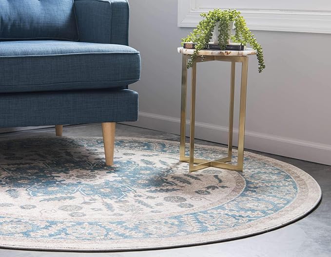 Unique Loom Salzburg Collection Classic Traditional Design Oriental Inspired Border Area Rug (5' 0 x 5' 0 Round, Beige/Blue)