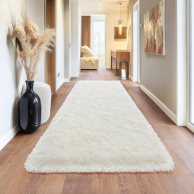 Cream White Runner Rug for Hallway, Bedroom Bedside Plush Rugs, Non Slip Fluffy Shaggy Carpet for Kids Home Decor, Dorm Nursery 2x6 Ft