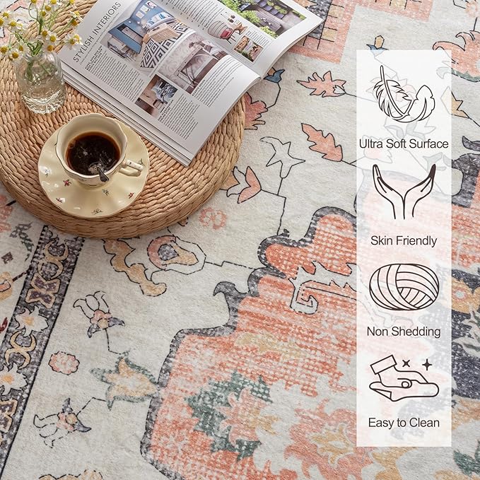 VK VK·LIVING Machine Washable Rug 6'x9' Vintage Design Washable Area Rugs with Non Slip Rugs for Living Room Bedroom Traditional Woven Carpet Stain Resistant, Dining Office Boho Rug (Mistyrose)