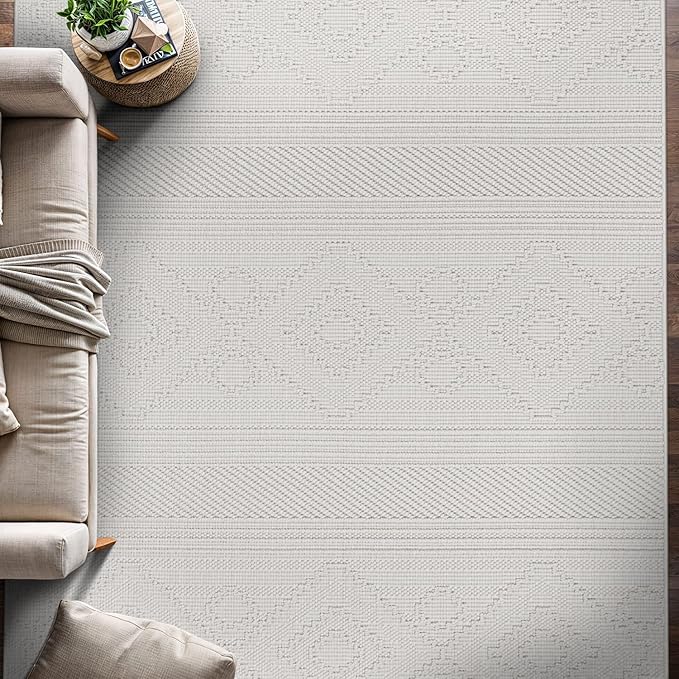 Beverly Rug Micro Loop Large Area Rug White 10x14 Modern Luxury Boho Geometric Durable Indoor Area Rugs for Living Dining Room Office Stain Resistant Non Shedding Casual Indoor Carpet White 10 x 14