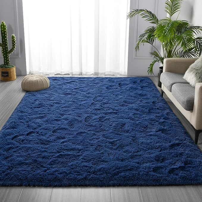 Large Shag Area Rugs 8 x 10, Plush Fuzzy Rugs for Living Room, Ultra Soft Fluffy Furry Rug for Bedroom, Indoor Carpet Nursery Rugs for Kids Room Home Decor,Navy Blue