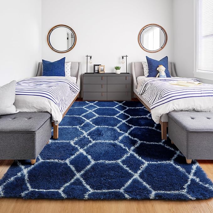ONASAR Large 8x10 Area Rugs for Living Room, Fluffy Geometric Navy and White Rug for Boys Bedroom Home Decor Aesthetic, Soft Shaggy Plush Floor Carpet for Girls Teen Nursery Playroom Office Dorm