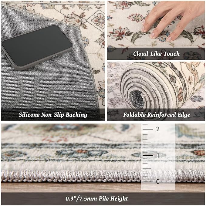 Washable 3x5 Entryway Rug, Boho Non-Slip Vintage Distress Small Rugs for Kitchen Nursery Office Bedroom, 0.3" Neutral Oriental Throw Thin Carpet with Cushioning Pad, Beige/Rust/Green/Multi