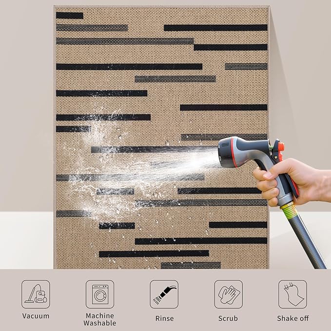 Tangsoo Washable Stripe Easy Jute Rug 4x6 for Paito,Non-Slip Indoor Outdoor Thin Carpet,Farmhouse Black Throw Mat for Front Porch Dining Room Bedroom Backyard Foyer