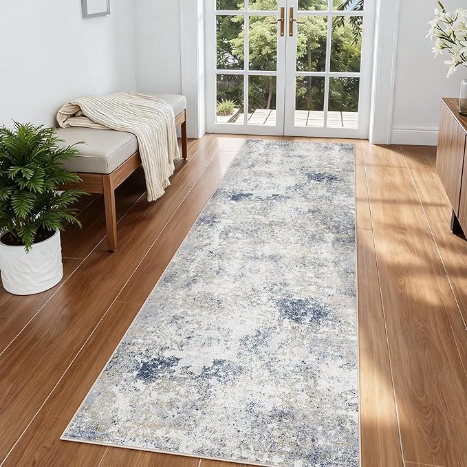 2.6'x8' Hallway Runner Washable Rug - Modern Abstract Rug Runners for Hallways Non-Slip Low Pile Thin Soft Machine Washable Carpet for Bedroom, Laundry, Kitchen, Indoor Entryway (2.6'x8' Beige Blue)