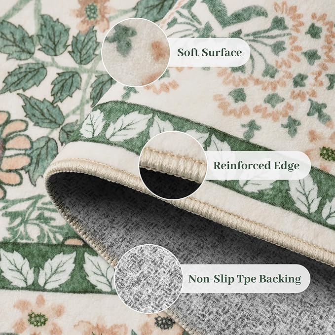 6x9 Area Rugs Living Room Rug - Floral Vintage Morris-Inspired Washable Carpet, Low Pile Non-Shedding Stain Resistance Boho Soft Carpet for Bedroom, Dining Room, Office, Farmhouse (6'x9' Beige Green)