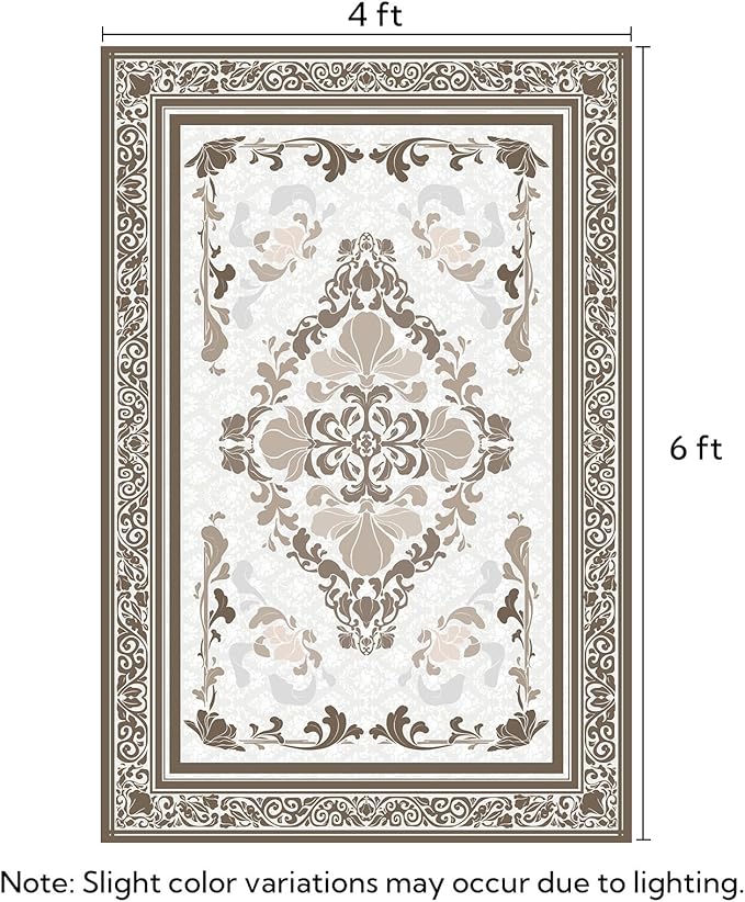 SOULFUL Medium Pile 4x6 Rugs for Living Room - Soft Foot Feel Area Rug - Brown Boho Floral - Washable Non-Slip - Perfect for Bedroom Kids Room Under Dining Table Office