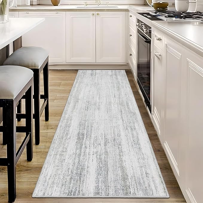 MUJOO Washable Runner Rug 2x6,Modern Abstract Area Rugs for Hallways Kitchen Bedroom Entryway Bathroom Laundry,Non Slip Carpet Long Mat Indoor,Low Pile Throw Rug Accent Neutral Grey