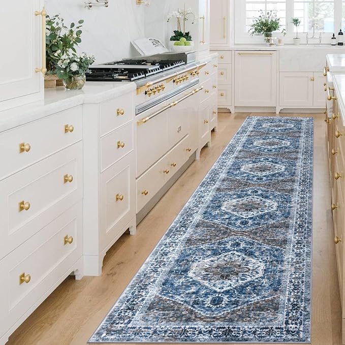 KOZYFLY Runners for Hallways 2.6x14 Ft Extra Long Washable Kitchen Runner Rug Boho Runner Rug for Entryway Indoor Blue Printed Oriental Faux Wool Stair Floor Carpet Runner for Stair Kitchen Hall