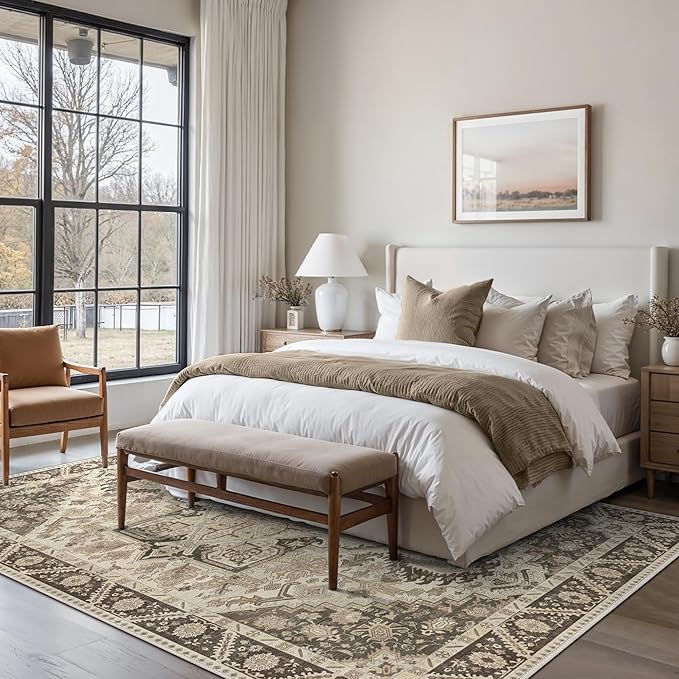 5x7 Area Rug Machine Washable Boho Rug for Living Room,Ultra-Thin Low Pile Carpet,Lightweight Indoor Printed Rug,Non Slip Floral Area Rug for Bedroom, Dining Room, Home Office,Brown