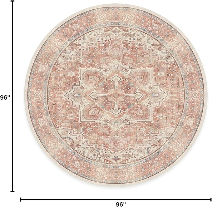 RUGGABLE Washable Area Rug – Kamran Rose Pink 8 ft Round, Stain-Resistant, Non-Slip – Large Machine Washable Rugs for Living Room, Bedroom, Hallway, Entryway & Office–with Standard Pad