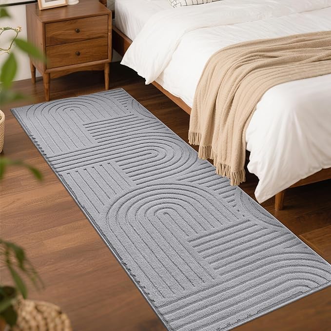 SHACOS Soft Cozy Fluffy Arch Pattern High Low Pile Runner Rugs 2'x6' Non Slip Washable Rug Runners Modern Geometric Arc Carpet for Bedroom Bathroom Hallway, Light Grey