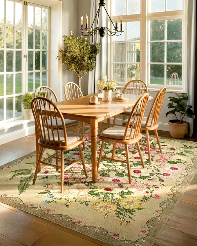 Floral Area Rug Living Room - 8x10 Washable Rugs Low Pile Non-Slip Soft Bedroom Rugs Under Bed Stain Resistant Accent Indoor Vintage Carpet for Dining Room Nursery Home Office Decor, Brown