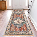KOZYFLY Runners for Hallways 2.6x8 Ft Washable Kitchen Runner Rug Boho Runner Rug for Entryway Indoor Rust/Orange/Blue Printed Oriental Faux Wool Floor Carpet Runner for Bedroom Kitchen Hall