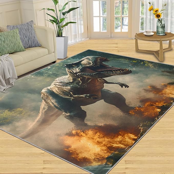 Dinosaurs Rugs for Bedroom - 6x9 Area Rug - Flame Dinosaurs Rugs for Living Room, Forest Landscape Rug, Washable Home Decor Carpet