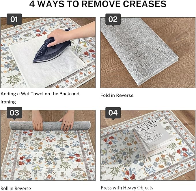 Boho Entryway Rug 2x3 Washable, Ivory Floral Kitchen Rug, Super Thin Faux Wool Small Area Rug, Non-Slip Soft Carpet for Foyer, Bedroom, Office