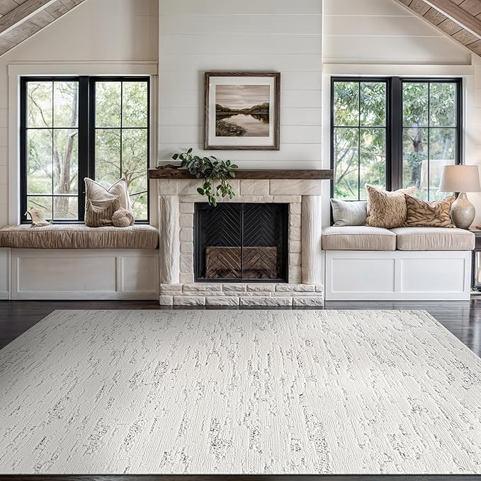 Beverly Rug Micro Loop Area Rug White/Gray 8x10 Abstract Modern Luxury Brushstroke Durable Soft Indoor Rugs for Living Dining Room Office Stain Resistant Non Shedding Casual Indoor Carpet 8 x 10