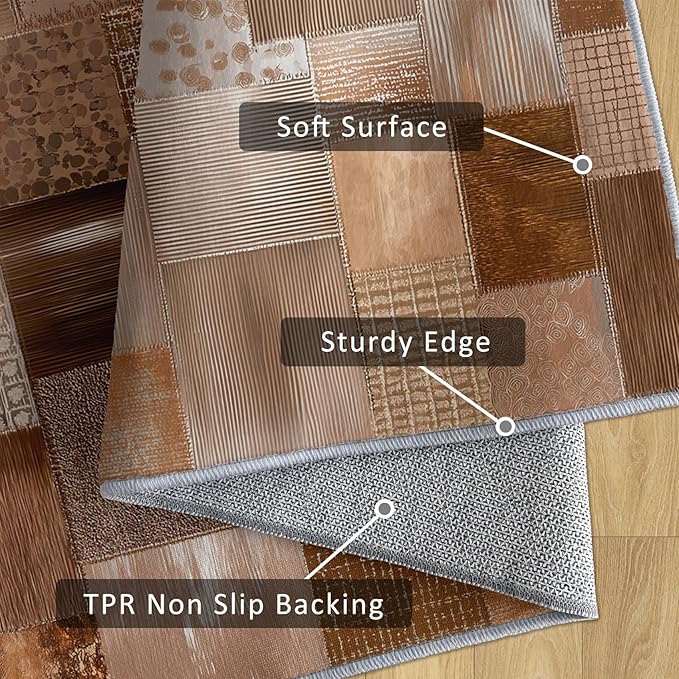 Patchwork Rug, Washable 4x5 Rug for Living Room, Geometric Brown Patterned Indoor Carpet, Patchwork Decor for Home, Bedroom, Soft Non Slip Thin Design FER5