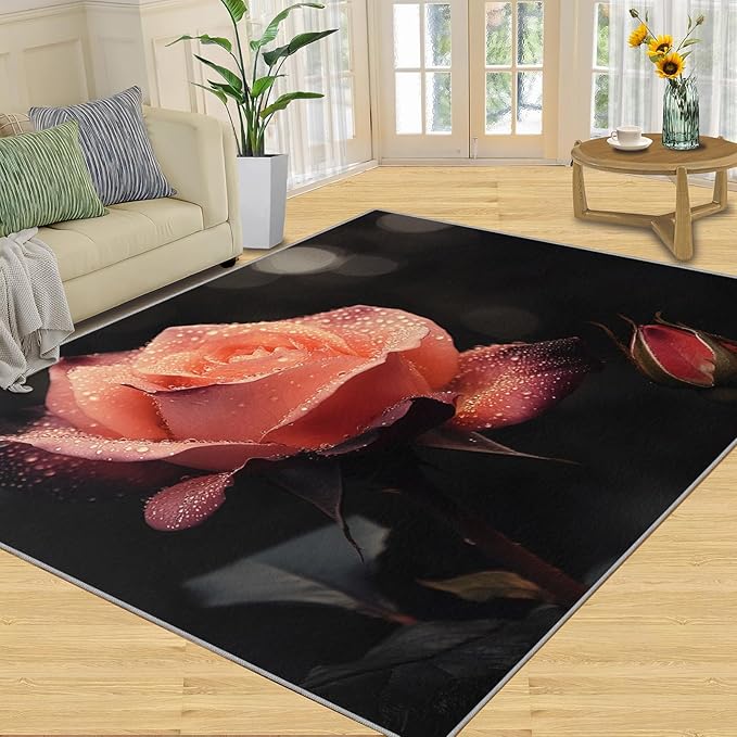 3x6 Florals Bedroom Rug Under Bed - Natural Flowers Kids Room Rugs, Realistic Rose Bedroom Runner Rug Soft Washable for Living Room Kitchen