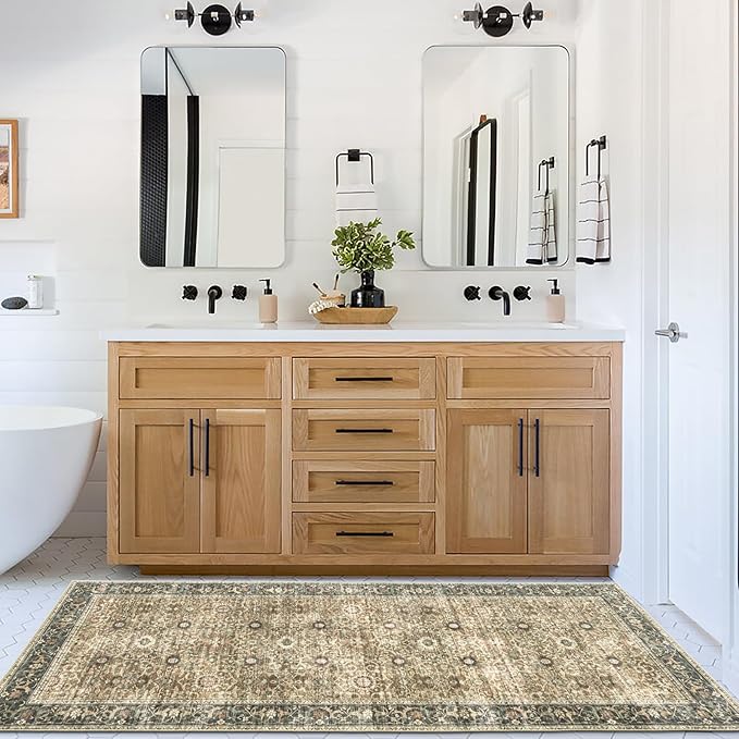 ReaLife Rugs Machine Washable Area Rug - Living Room Bedroom Bathroom Kitchen Entryway Office - Padded Low Pile Stain Resistant Premium - Boho Farmhouse Vintage - Dua - Brown Gray Beige 2'6" x 8'