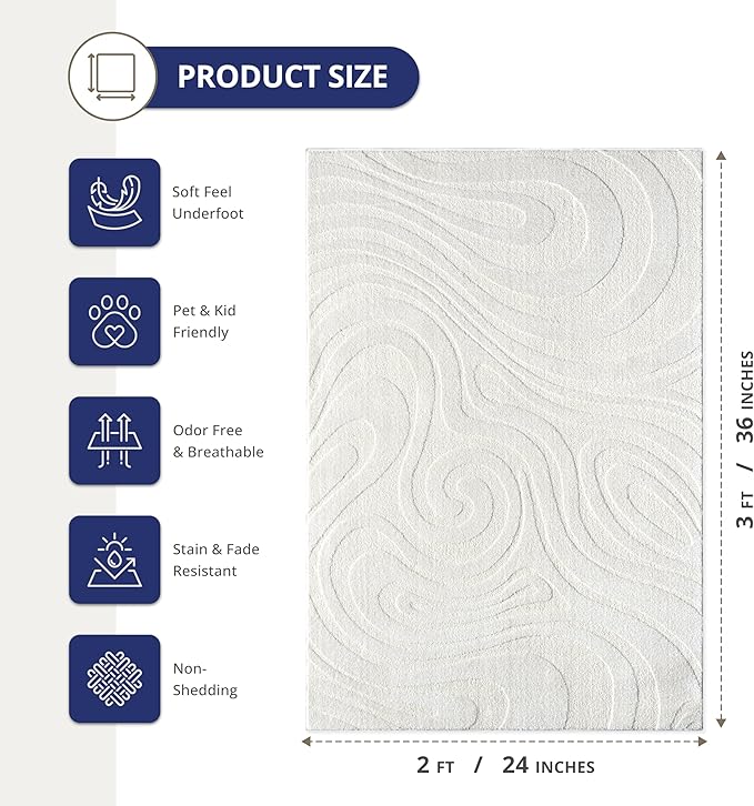 Abani Cozy Cream Area Rug for Living Room, Bedroom - Swirl Waves Pattern - 2' x 3' - Durable & Easy to Clean