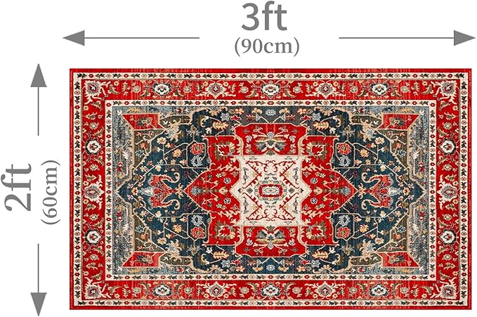 Enkor Area Soft Rugs 2x3 Washable Non Slip Boho Small Floor Entryway Rugs for Living Room Bedroom, Vintage Style Farmhouse Mat for Kitchen Red & Blue
