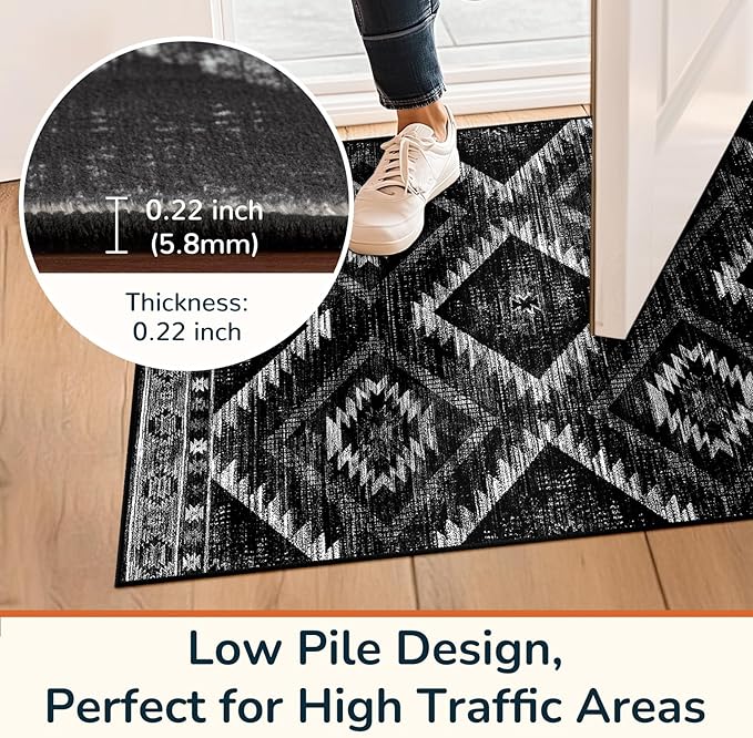 Area Rug 2x4 Rug Machine Washable Non-Slip Low Pile Print Pattern Western Rug for Living Room Bedroom Entryway Tribal Series-Black