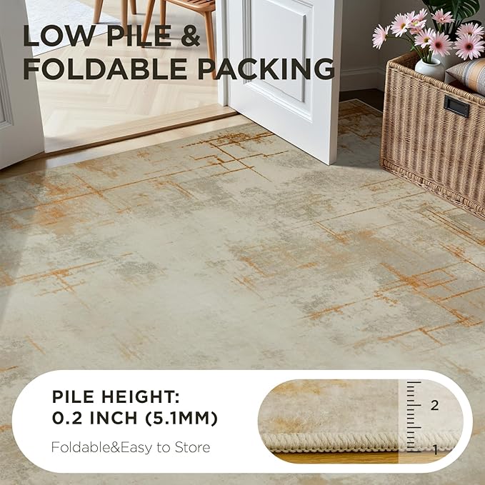 Joydeco 8x10 Area Rugs for Living Room, Washable Modern Abstract Non Slip Soft Rug, Low Pile Carpet for Bedroom, Dining Room, Home Office, Pet & Child Friendly, Light Brown & White & Beige