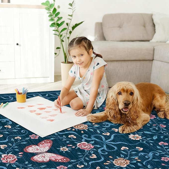 GarveeHome Area Rugs 9x12 Living Room Floral Rugs Non Slip Washable Large Bedroom Throw Carpet Stain Resistant Low Pile Blue Bow Rugs Soft Boho Bow and Flower Carpets for Nursery Home Decor, 9x12