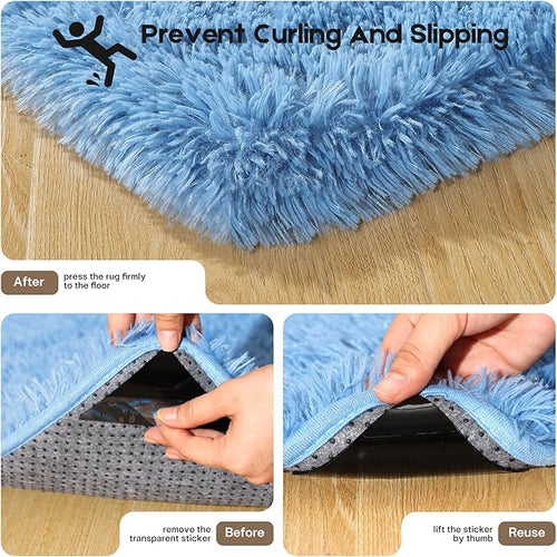 2x3 Blue Rugs for Bedroom Living Room, Fluffy Small Area Rug Soft Shag Carpet for Kids Boys and Girls Room with 4 Rugs Non-Slip Stickers Dorm Home Decor (2ft x 3ft)