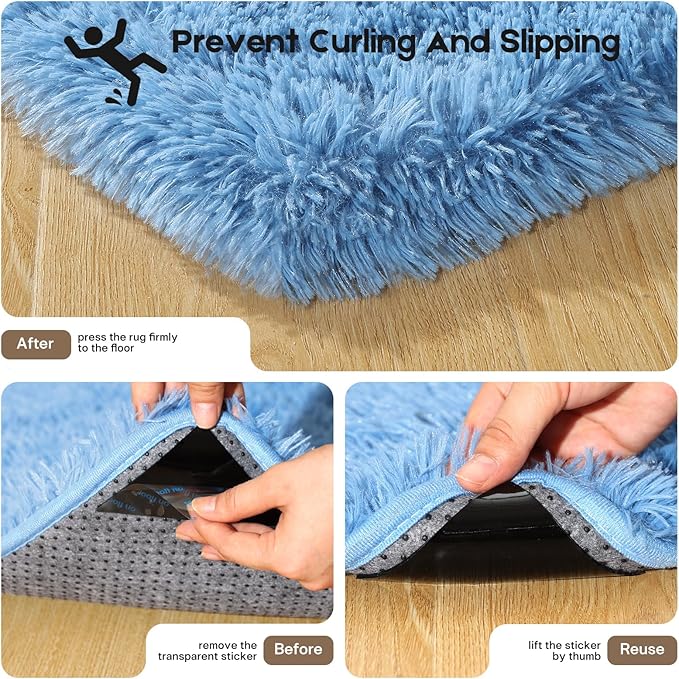 4x6 Blue Rugs for Bedroom Living Room, Fluffy Small Area Rug Soft Shag Carpet for Kids Boys and Girls Room with 4 Rugs Non-Slip Stickers Dorm Home Decor (4ft x 6ft)