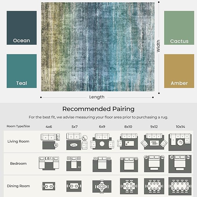Kokia Abstract Area Rugs 8x10 Bedroom Soft Living Room Rugs Washable Distressed Vintage Comfy Blue Carpet with Non-Slip Backing for Farmhouse Home Office Room Decor, Oslo Teal