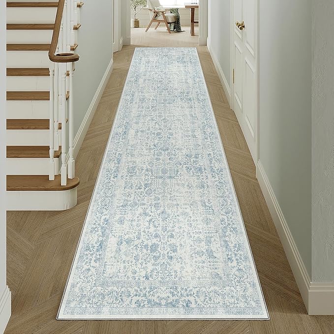 Blue Runner Rug 3x14 Hallway Machine Washable Kitchen Vintage Distressed Non Slip Long Carpet Indoor Retro Floral Bedroom Accent Throw Rug for Bathroom Office Laundry Dining Living Room