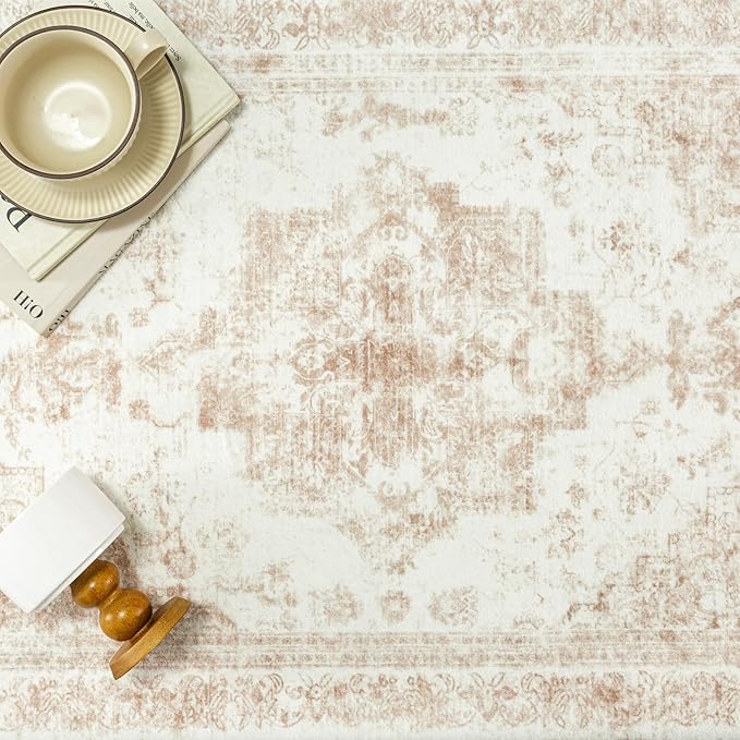 Runner Rug 2x8 Cream Hallway Washable Beige Carpet Non Slip Vintage Medallion Beige Carpet Low Pile Soft Distressed Retro Indoor Long Rug for Entryway Kitchen Bathroom Laundry Bedroom