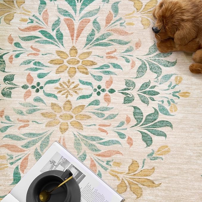 jinchan Round Rug 4ft Area Rug Vintage Floral Distressed Design Machine Washable Soft Non-Slip Low-Pile Ultra-Thin Circle Rug for Entryway Bedside Living Room Kitchen Nursery (4' Round, Apricot Multi)