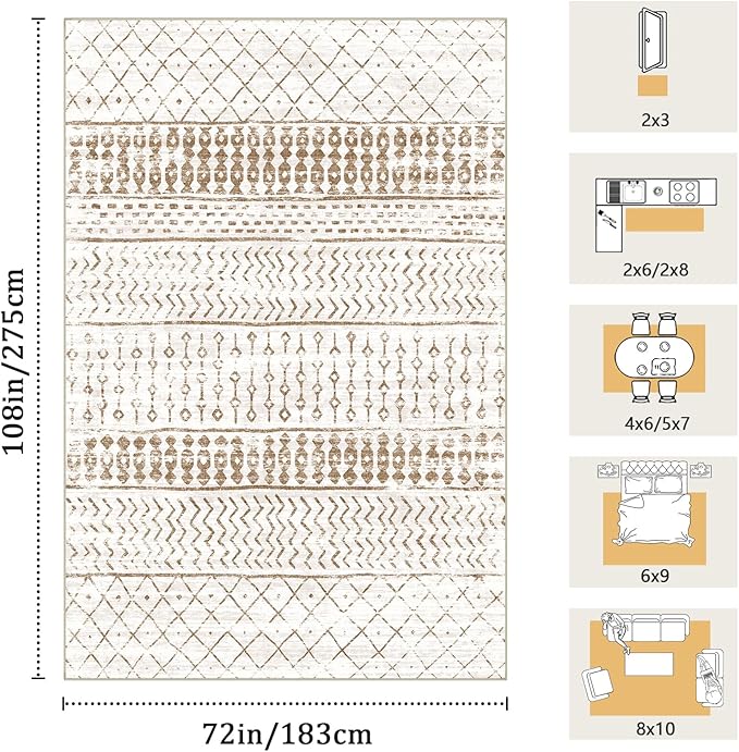 6x9 Machine Washable Area Rug for Living Room, Brown White Vintage Moroccan Rug Large Non-Slip Low Pile Soft Faux Wool Carpet, Kids and Pets Friendly for Bedroom Dining Room Farmhouse Home Decor Rug