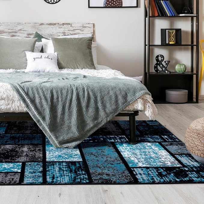 LUXE WEAVERS Modern Geometric Squares Turquoise 5x7 Area Rug for Living Room