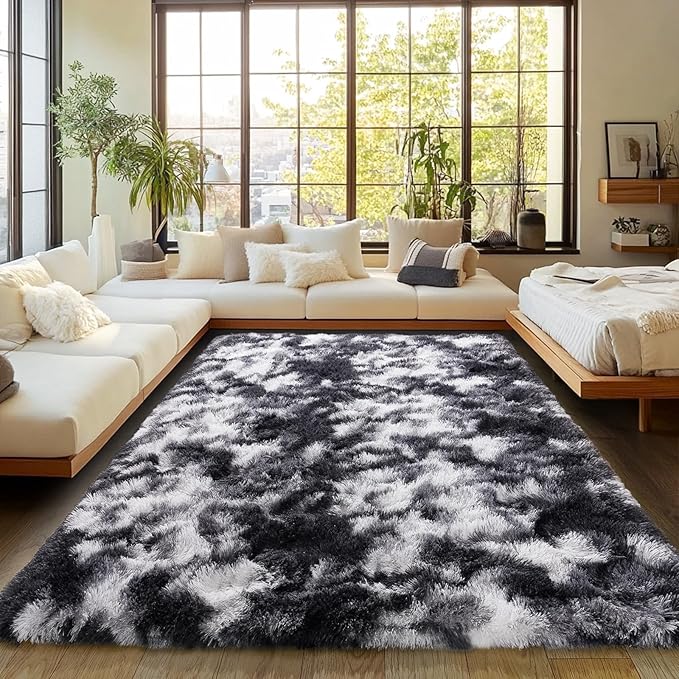 Fluffy Rug for Living Room Shaggy Area Rug High Pile Fuzzy Rug Non-Slip Indoor Floor Carpet Plush Area Rugs for Living Room Tie Dye Black White 6x9