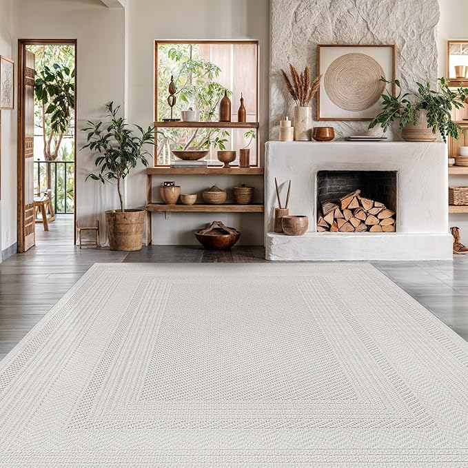 Micro Loop Indoor Rug White 10x14 Boho Geometric Neutral Area Rugs for Living Room Soft Luxury Modern Low and High Pile Durable Stain Resistant Non-Shedding Indoor Area Carpet 10 x 14