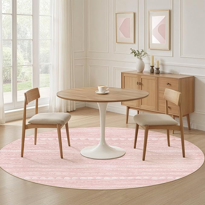 Nakagishi Round Rug Kitchen Washable Rugs: 6x6 Non-Slip Boho Soft Modern Stain Resistant Indoor Floor Neutral Farmhouse Throw Carpet for Hallway Bathroom Laundry Room Entryway Bedroom- Pink