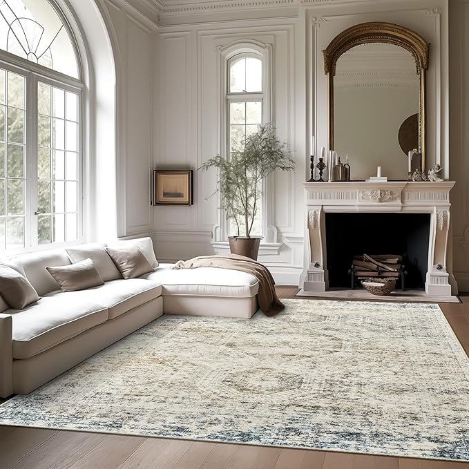 6x9 Area Rug for Living Room Washable 6x9 Non-Slip Modern Rugs for Bedroom Dinning Room Ultra-Thin Indoor Blue Ivory