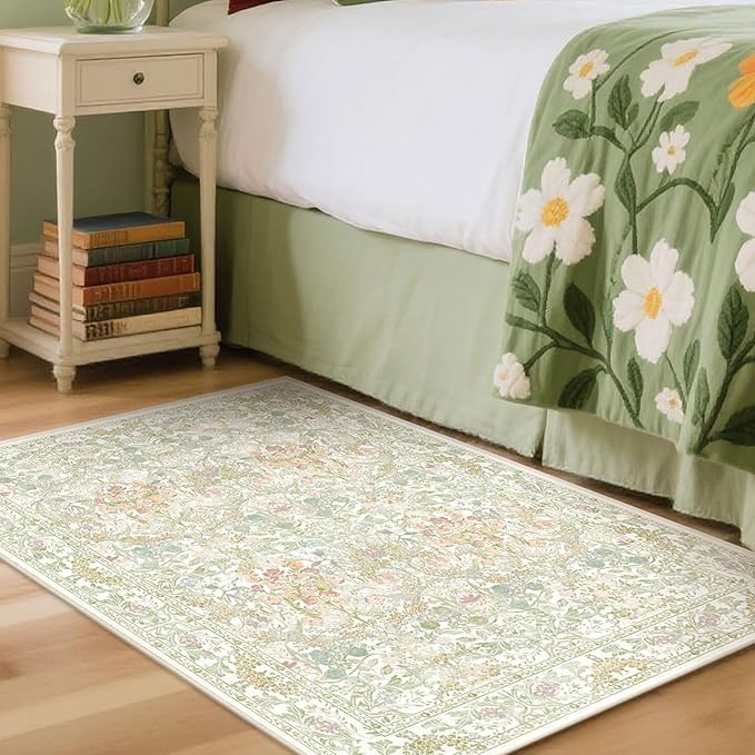 Sage Green Soft Bedside Non Slip Washable Rugs, 2x3 Farmhouse Small Rug for Kitchen, Indoor Entrance, Laundry, Bathroom - Boho Throw Front Door Mat, Soft Cottagecore Art Deco Carpet with Low Pile
