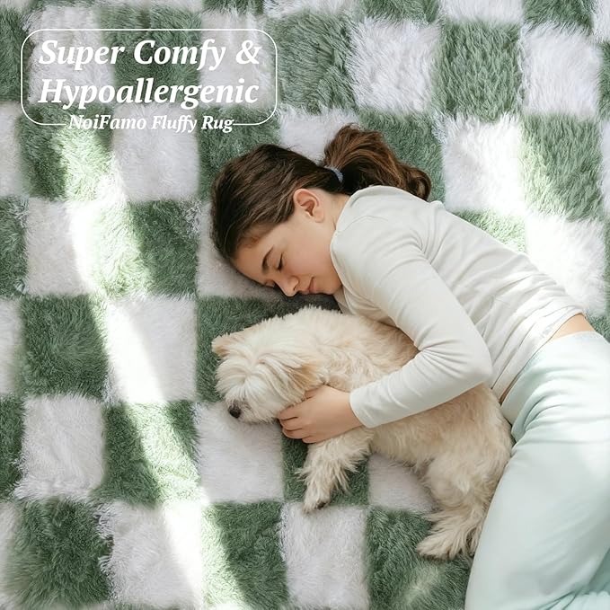6x9 Area Rugs for Living Room Bedroom, Soft Fluffy Shaggy Bedside Rug, Indoor Floor Carpet for Kids Playroom, Dorms, Nursery Rooms, Home Decor (Green & White 6'x9')