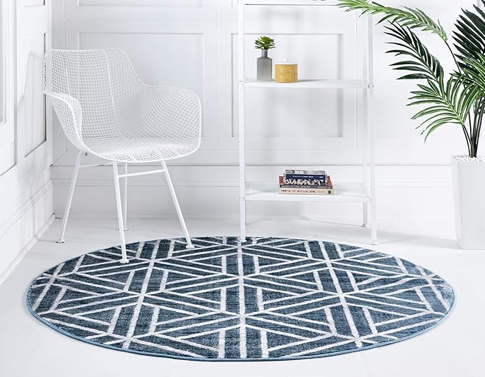 Rugs.com Lattice Trellis Collection Rug – 8 Ft Round Blue Low-Pile Rug Perfect for Kitchens, Dining Rooms