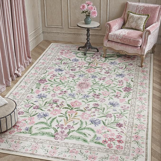 Wonnitar Floral Purple Rug for Bedroom, Washable 5x7 Area Rugs for Dorm, Boho Soft Non Slip Ultra-Thin Indoor Floor Carpet for Kids Room Nursery Living Room Classroom, Light Purple/Pink