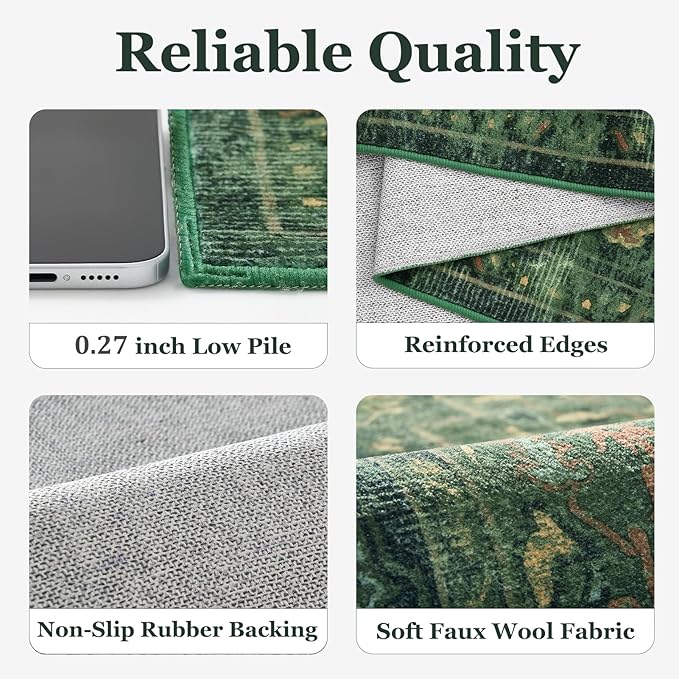 Retro Green Area Rug 7x9 for Living Room, Distressed Medallion Dining Room Rug Under Table, Washable Non Slip Thin Carpet Rugs for Bedroom Under Bed Home Office